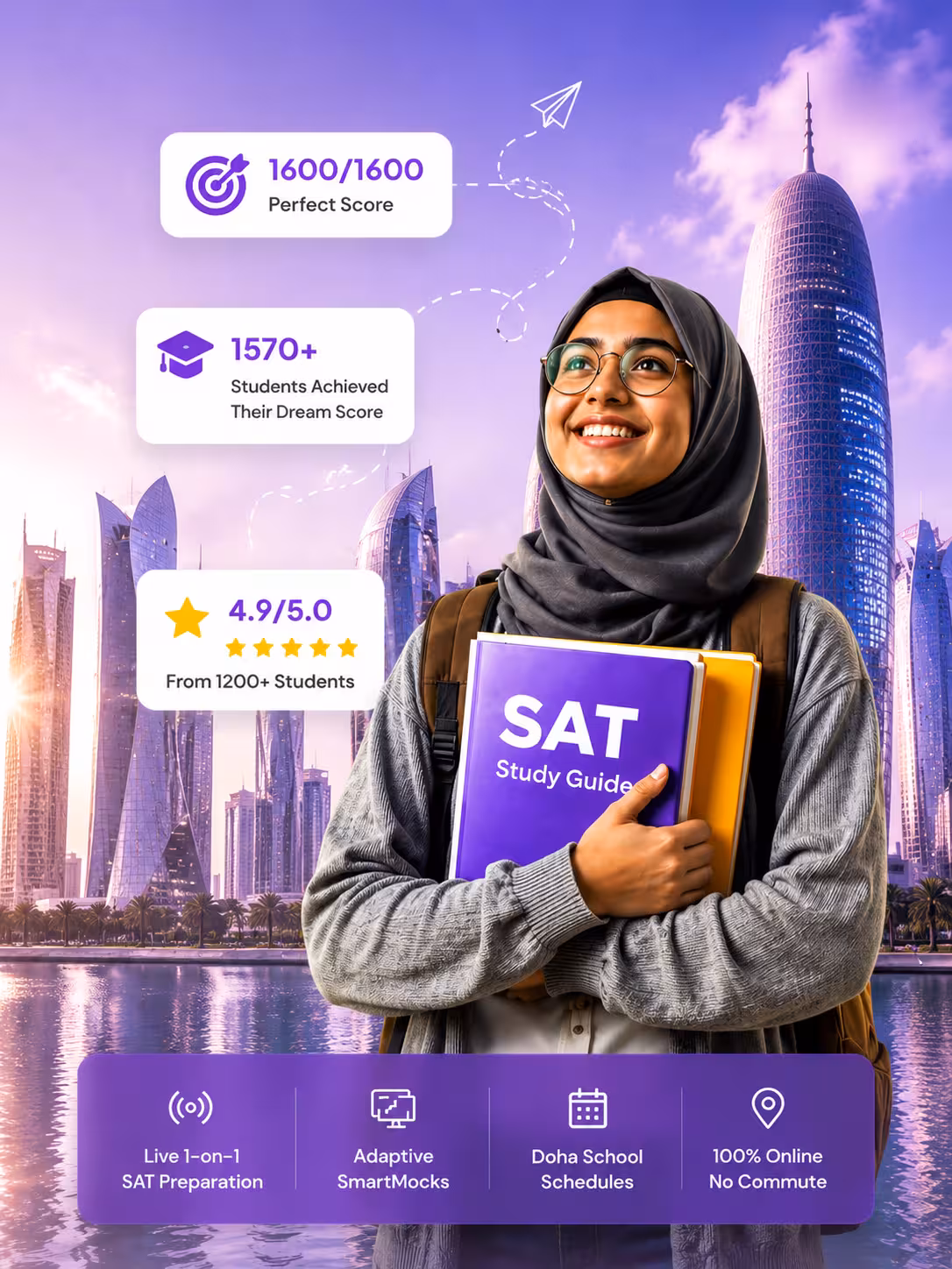 Online SAT coaching for Dubai students: student with an SAT study guide, 1600 score and 4.9 rating badges